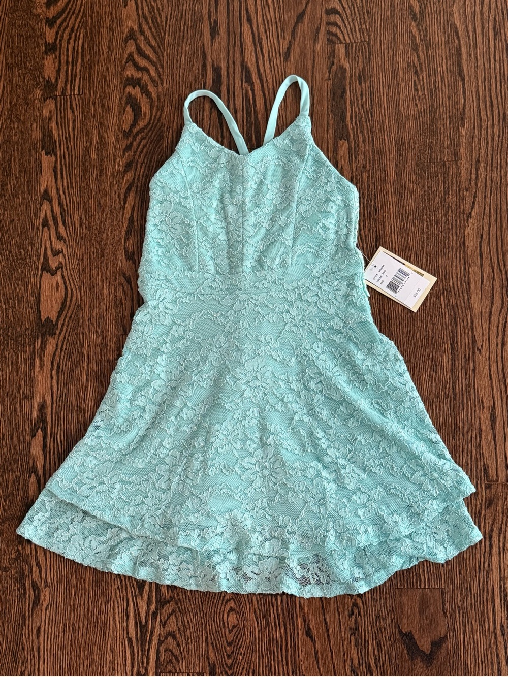 Honey and Rosie Sea Foam Green Lace Dress with Spaghetti Straps